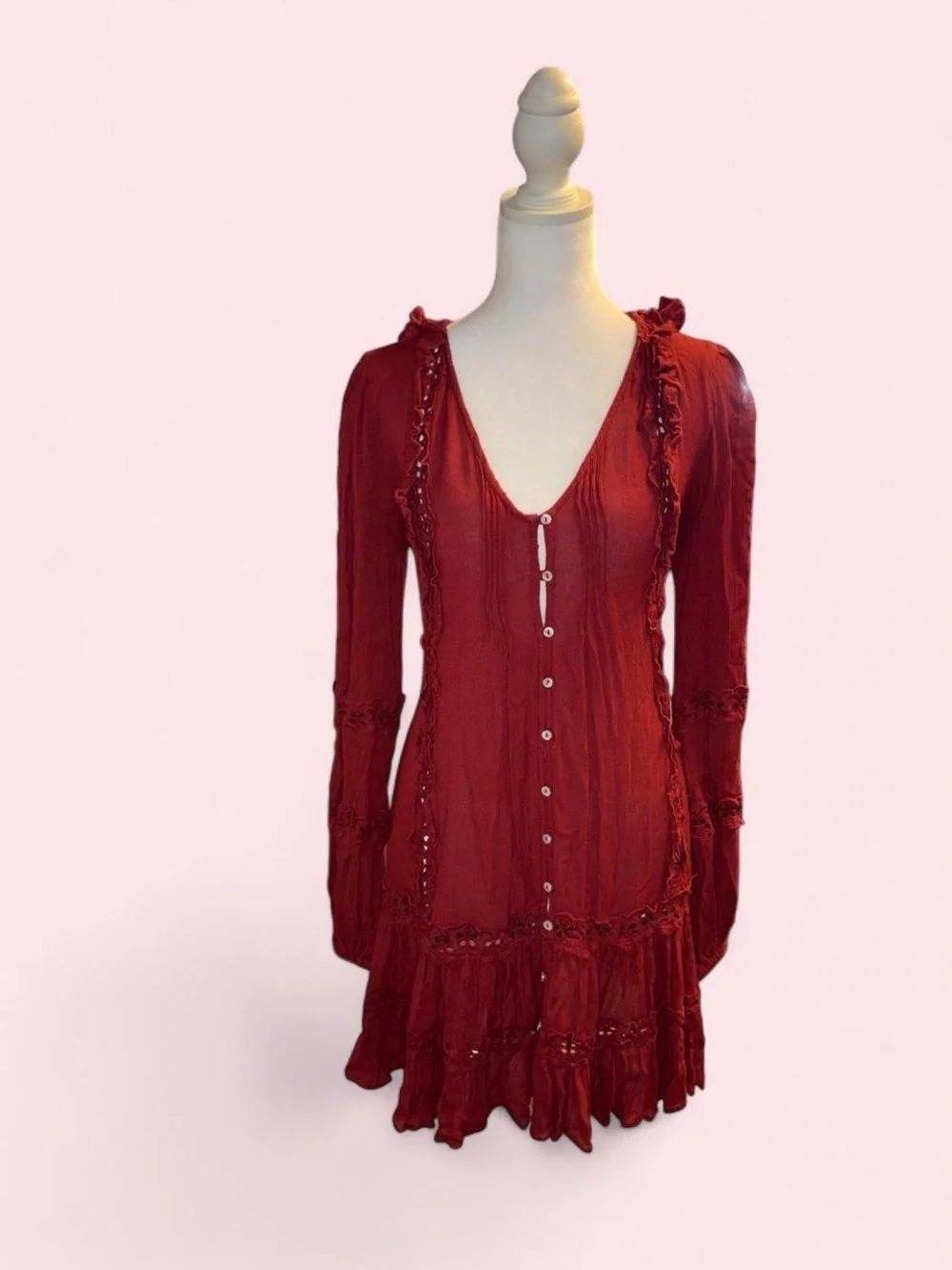 Free People Burgundy Button-Front Ruffle Tiered Midi Dress